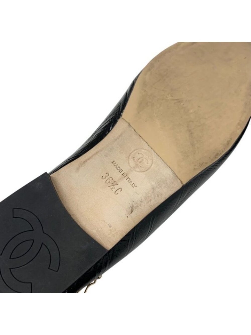 Chanel Flat Shoes Leather Black Gold Ballet Ballerina Coco Mark Pearl - Picture 8 of 10